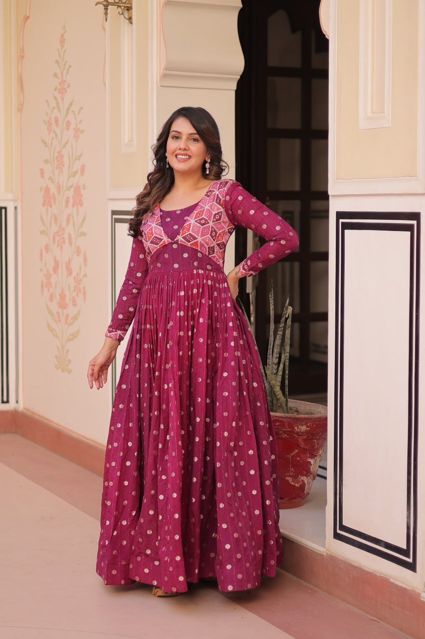 Wine Elegant Staple Jacquard Weaving Gown with Position Print Choli