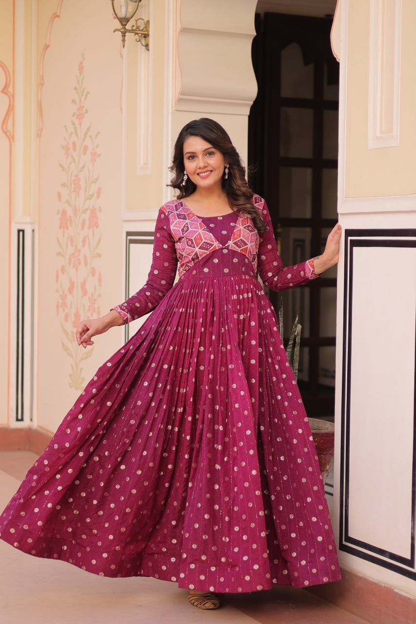Wine Elegant Staple Jacquard Weaving Gown with Position Print Choli