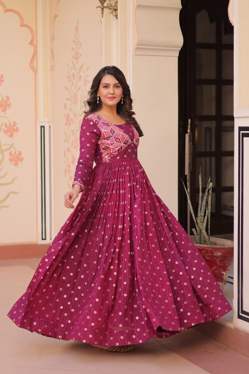 Wine Elegant Staple Jacquard Weaving Gown with Position Print Choli