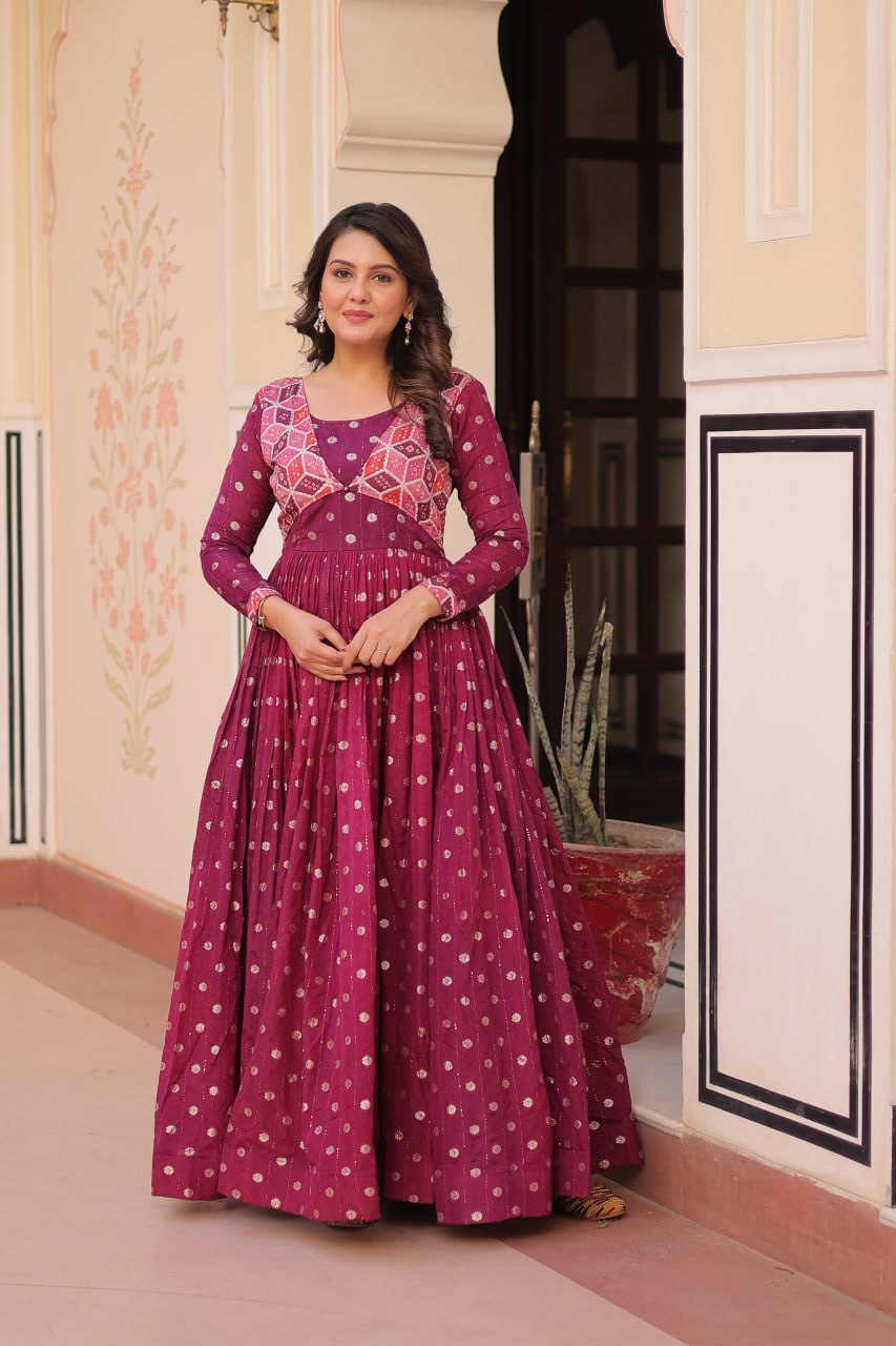 Wine Elegant Staple Jacquard Weaving Gown with Position Print Choli
