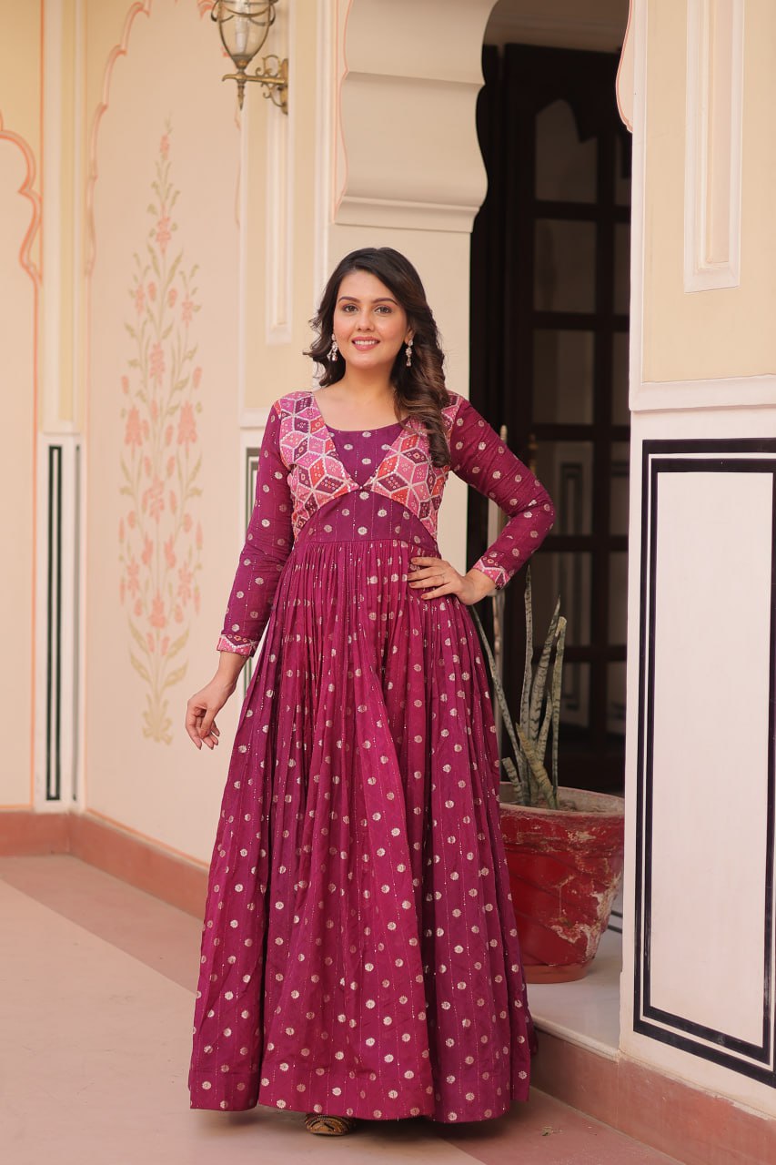 Wine Elegant Staple Jacquard Weaving Gown with Position Print Choli