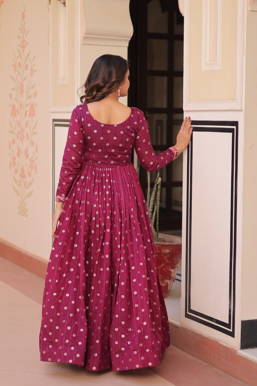 Wine Elegant Staple Jacquard Weaving Gown with Position Print Choli