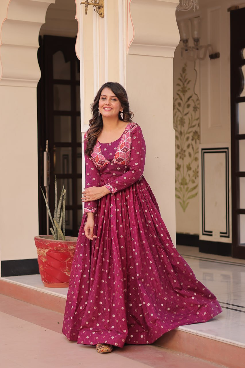 Wine Elegant Staple Jacquard Weaving Gown with Position Print Choli