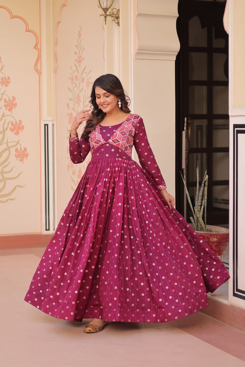 Wine Elegant Staple Jacquard Weaving Gown with Position Print Choli
