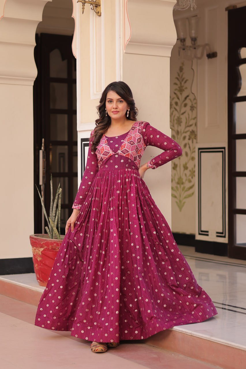 Wine Elegant Staple Jacquard Weaving Gown with Position Print Choli