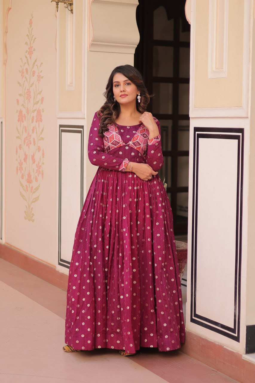 Wine Elegant Staple Jacquard Weaving Gown with Position Print Choli