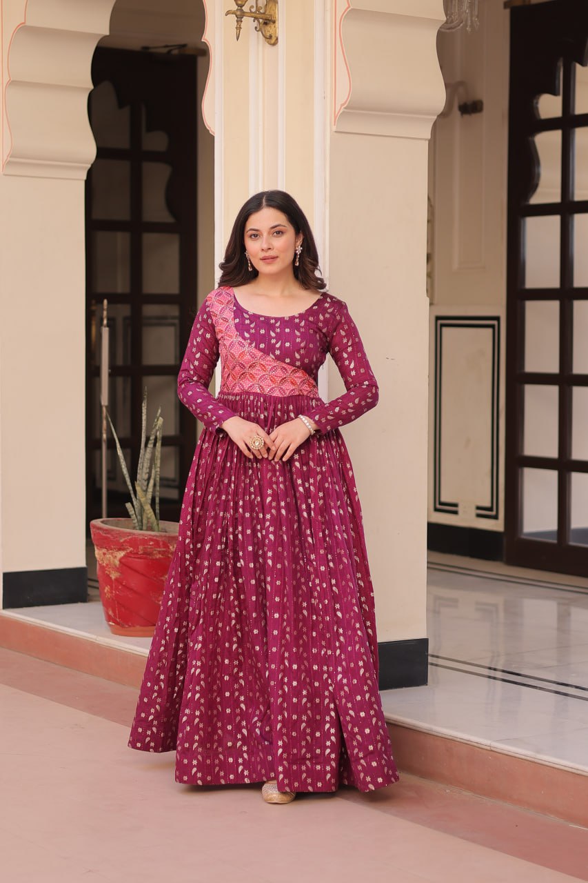 Wine Elegant Staple Jacquard Weaving Gown with Position Print Choli