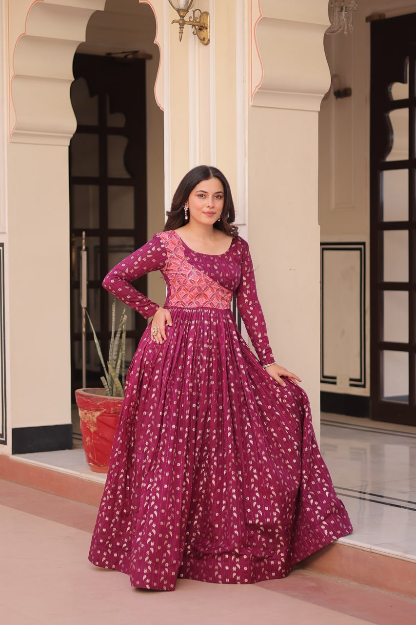 Wine Elegant Staple Jacquard Weaving Gown with Position Print Choli