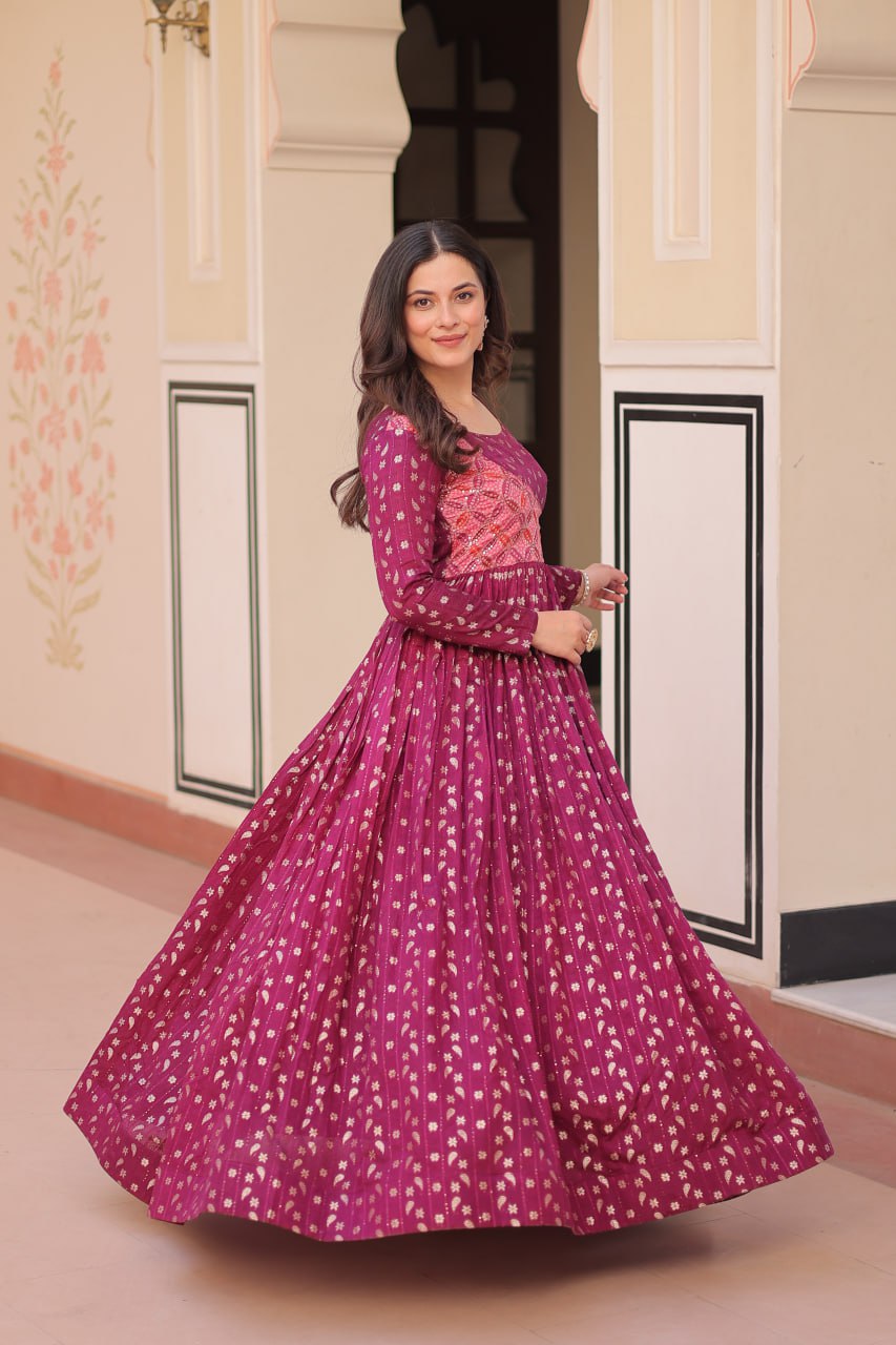 Wine Elegant Staple Jacquard Weaving Gown with Position Print Choli