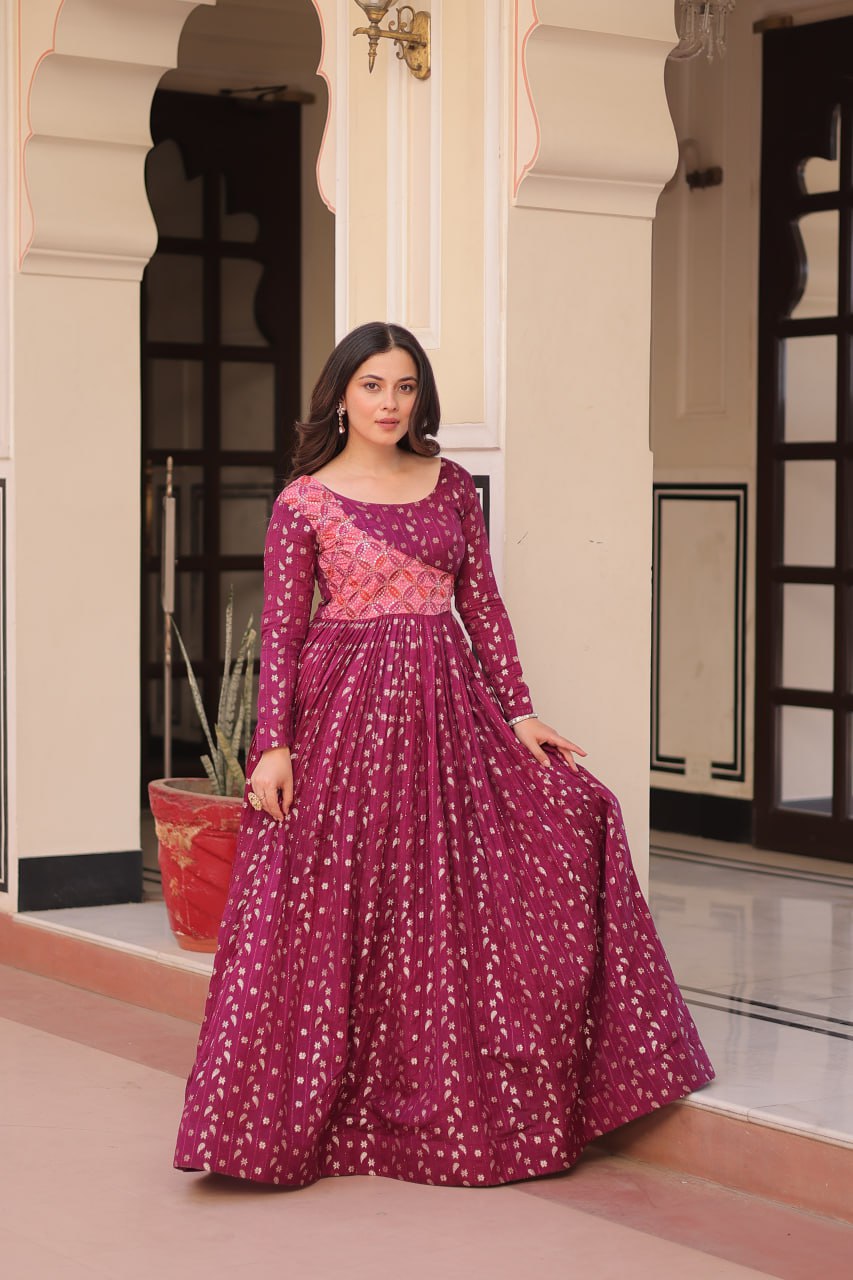 Wine Elegant Staple Jacquard Weaving Gown with Position Print Choli