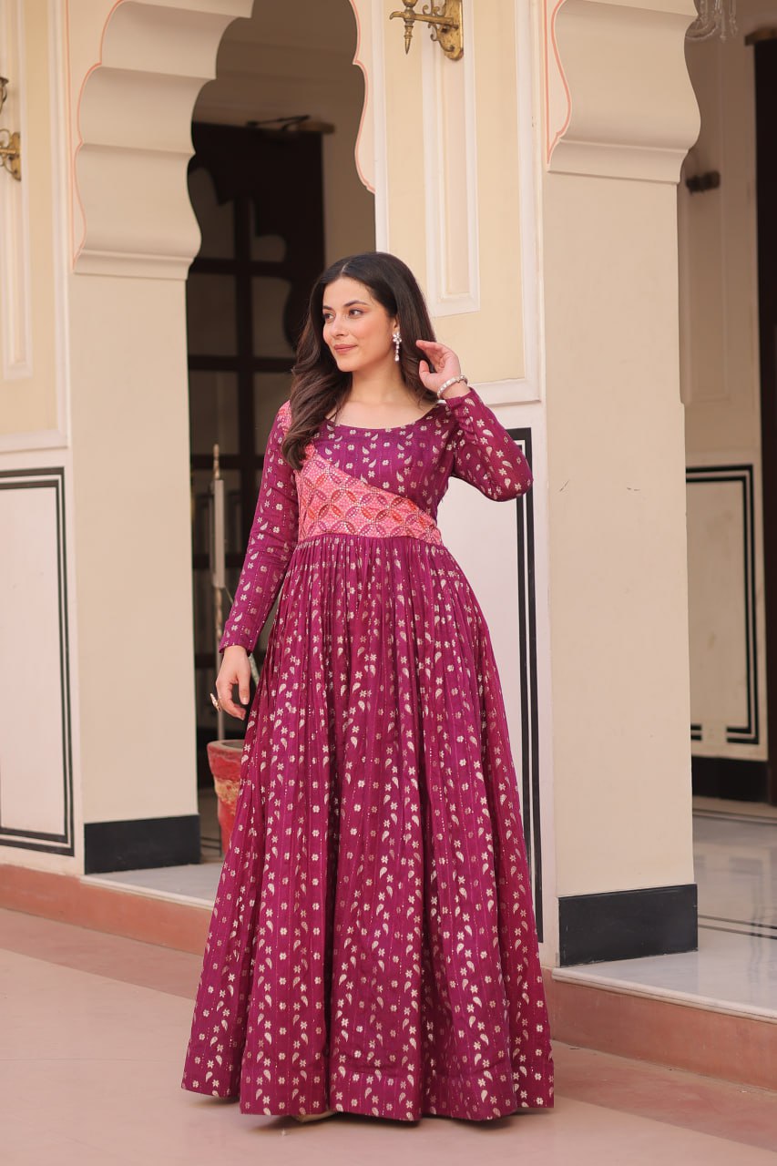 Wine Elegant Staple Jacquard Weaving Gown with Position Print Choli