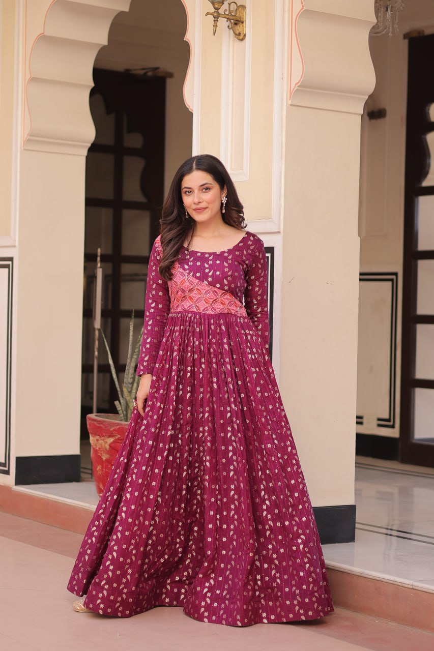 Wine Elegant Staple Jacquard Weaving Gown with Position Print Choli