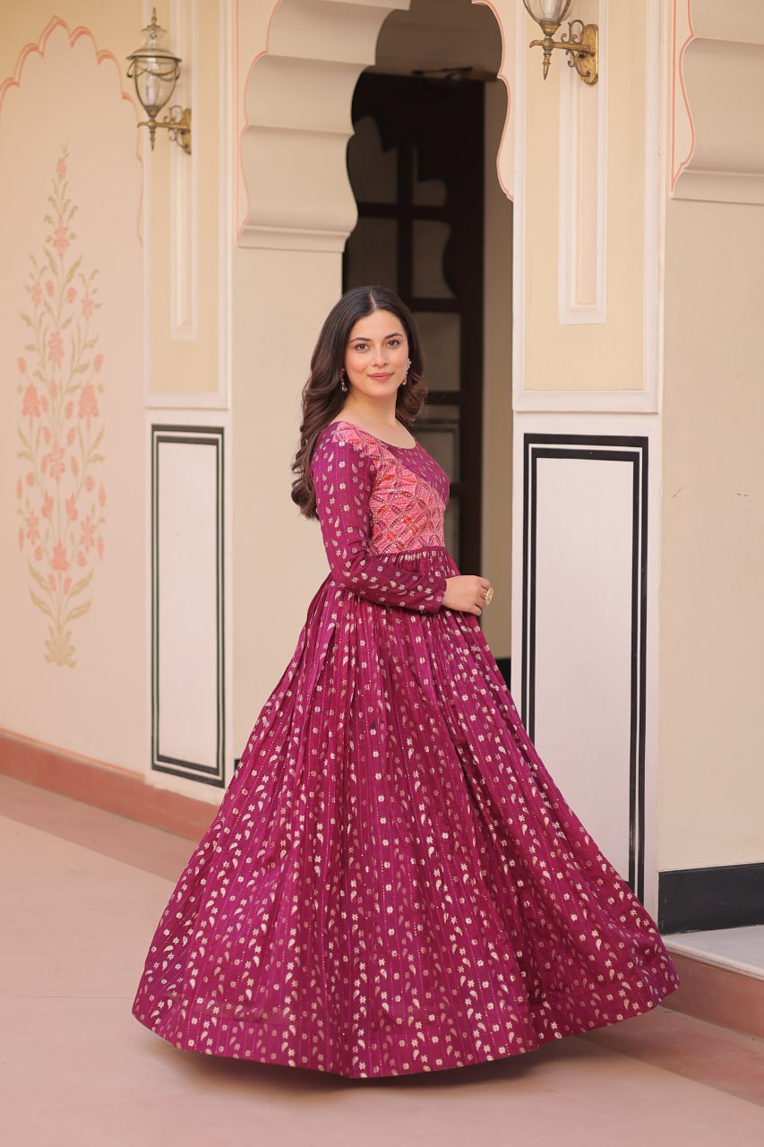 Wine Elegant Staple Jacquard Weaving Gown with Position Print Choli