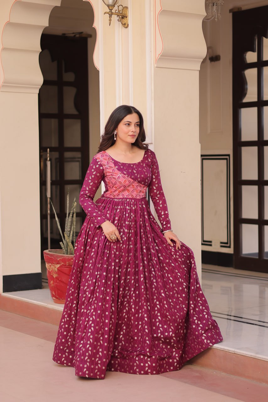 Wine Elegant Staple Jacquard Weaving Gown with Position Print Choli