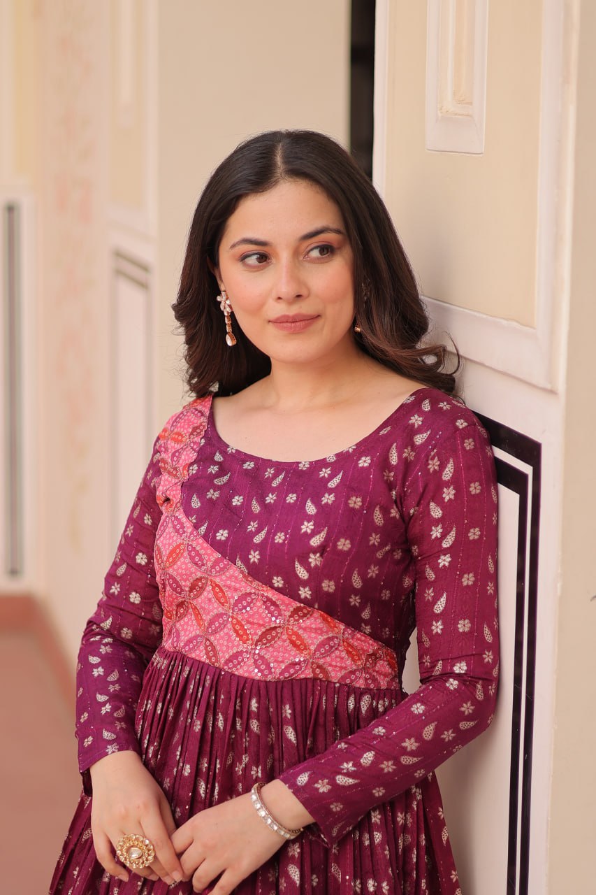 Wine Elegant Staple Jacquard Weaving Gown with Position Print Choli