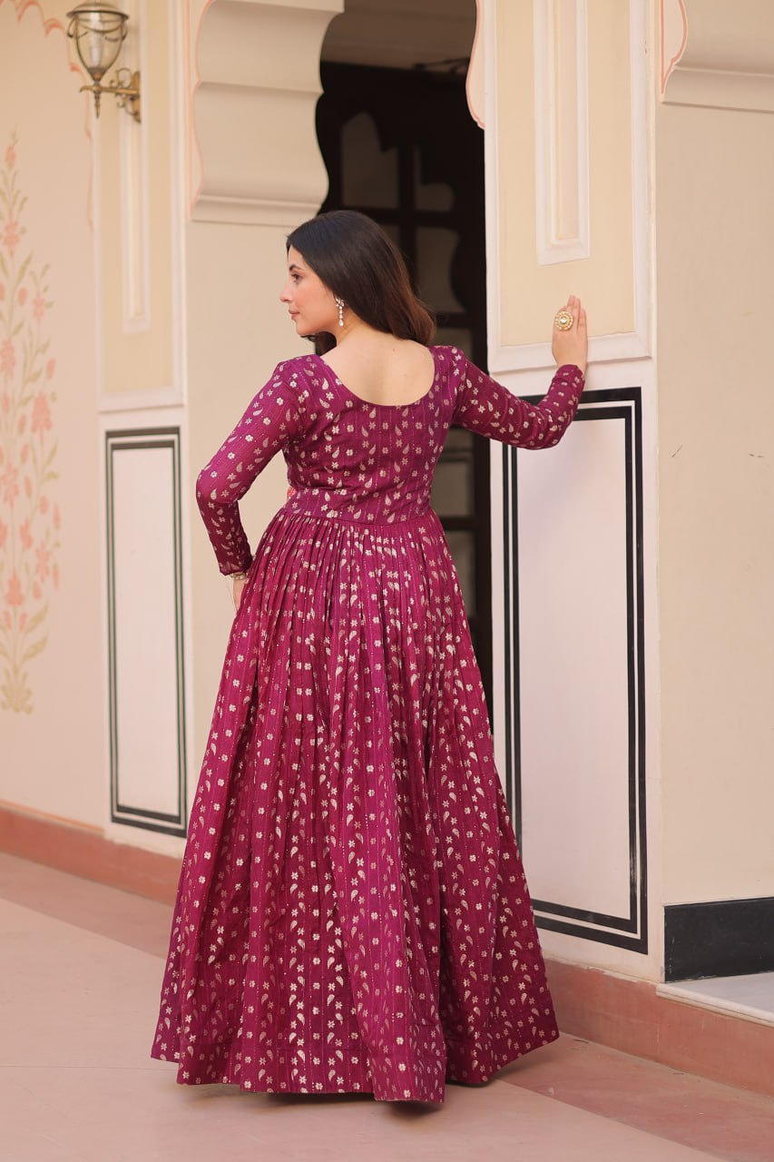 Wine Elegant Staple Jacquard Weaving Gown with Position Print Choli