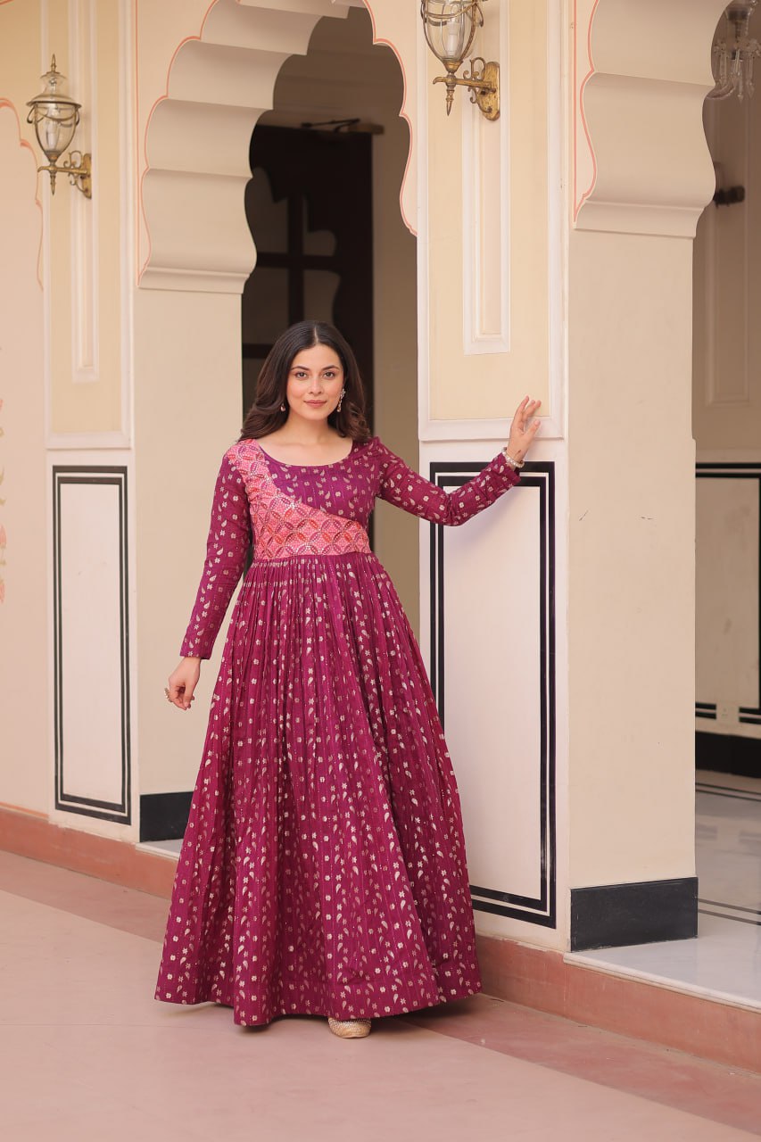 Wine Elegant Staple Jacquard Weaving Gown with Position Print Choli
