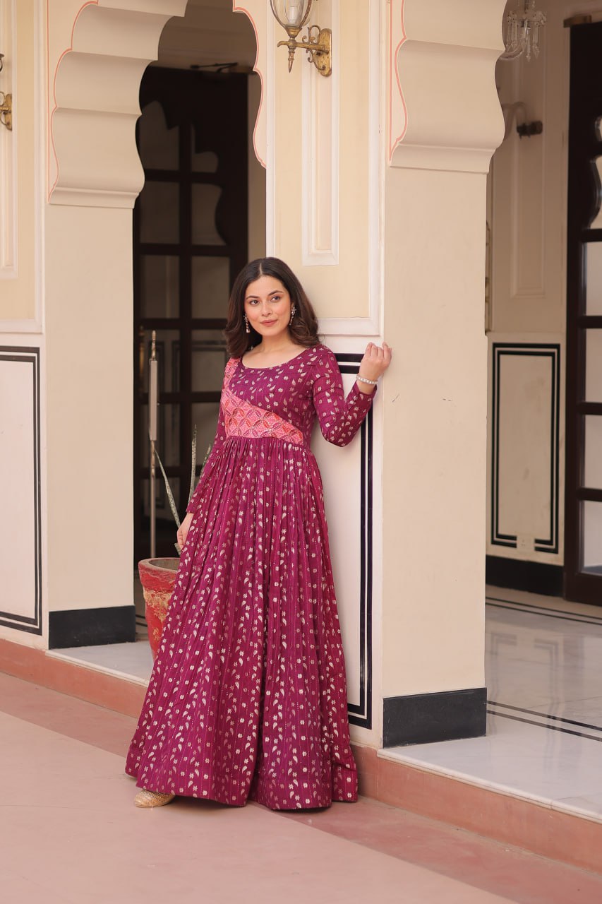 Wine Elegant Staple Jacquard Weaving Gown with Position Print Choli