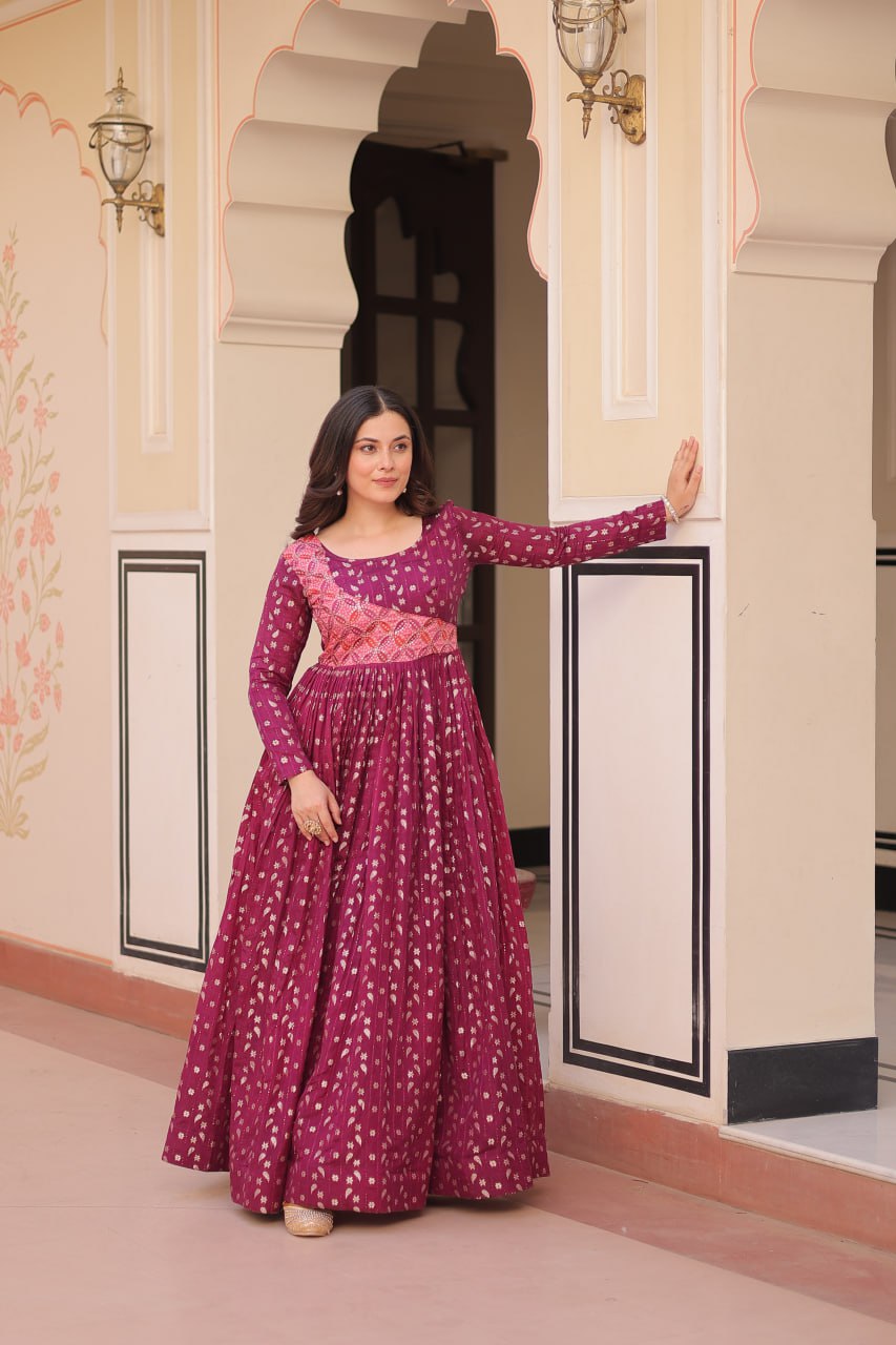 Wine Elegant Staple Jacquard Weaving Gown with Position Print Choli