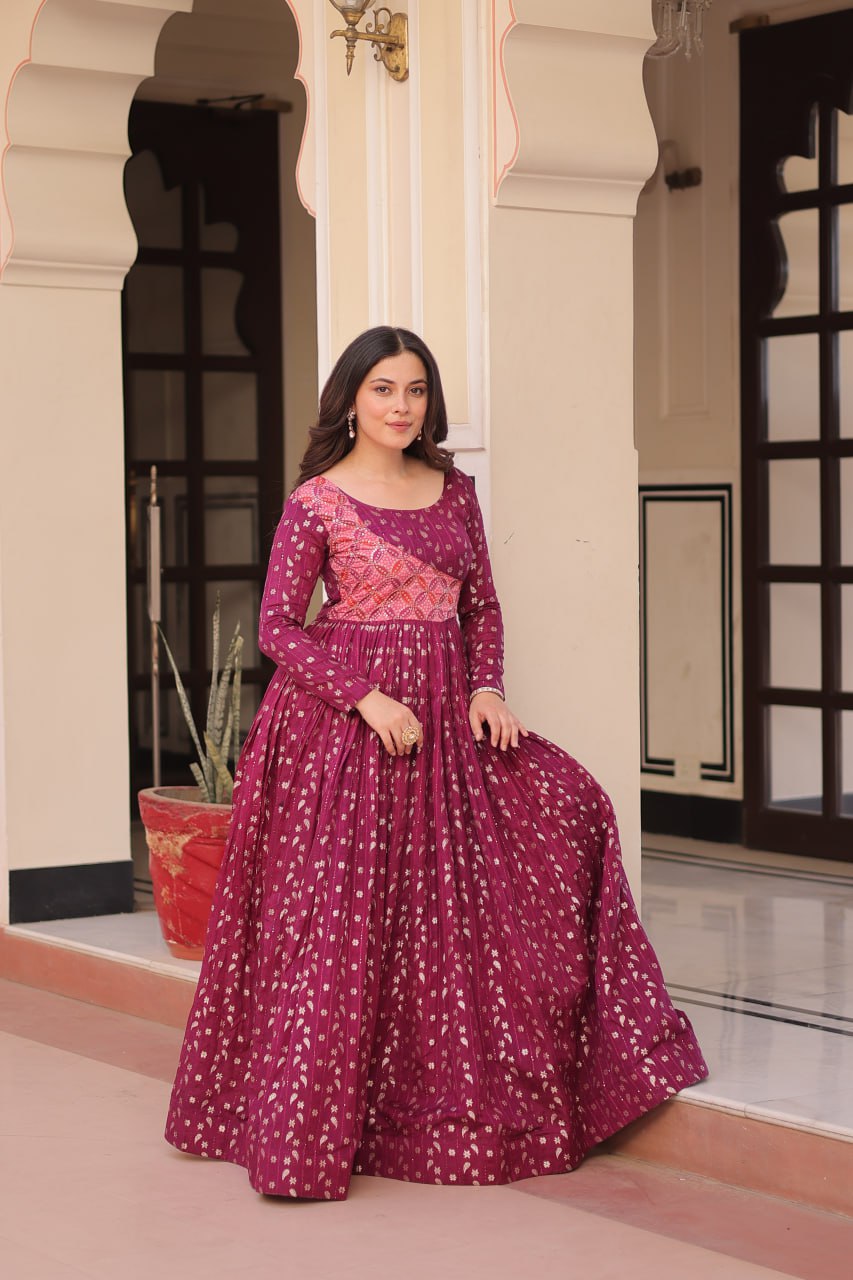 Wine Elegant Staple Jacquard Weaving Gown with Position Print Choli