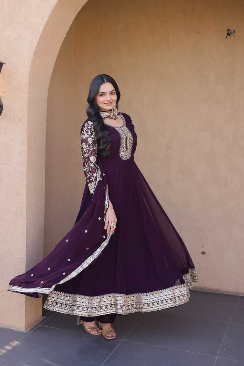 Wine Embroidered Anarkali Gown
