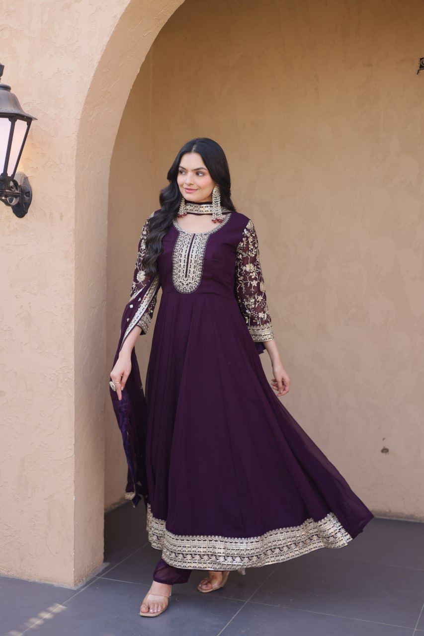 Wine Embroidered Anarkali Gown