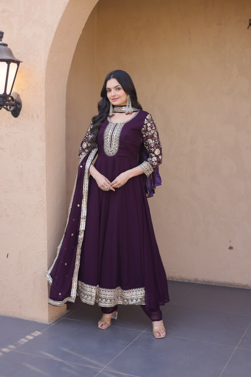 Wine Embroidered Anarkali Gown
