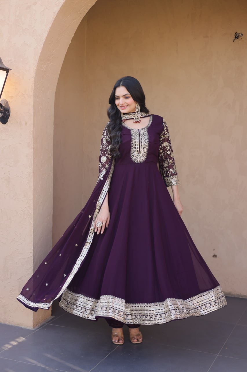Wine Embroidered Anarkali Gown