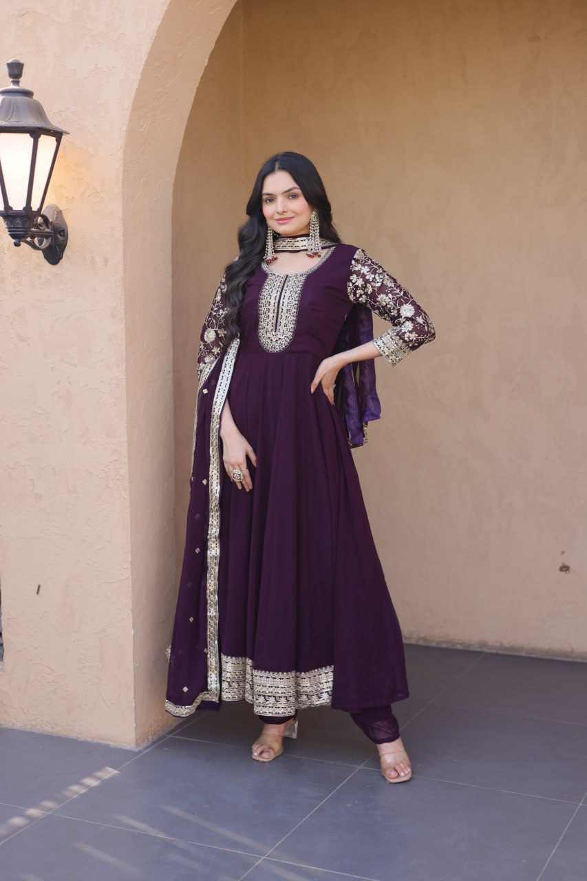 Wine Embroidered Anarkali Gown
