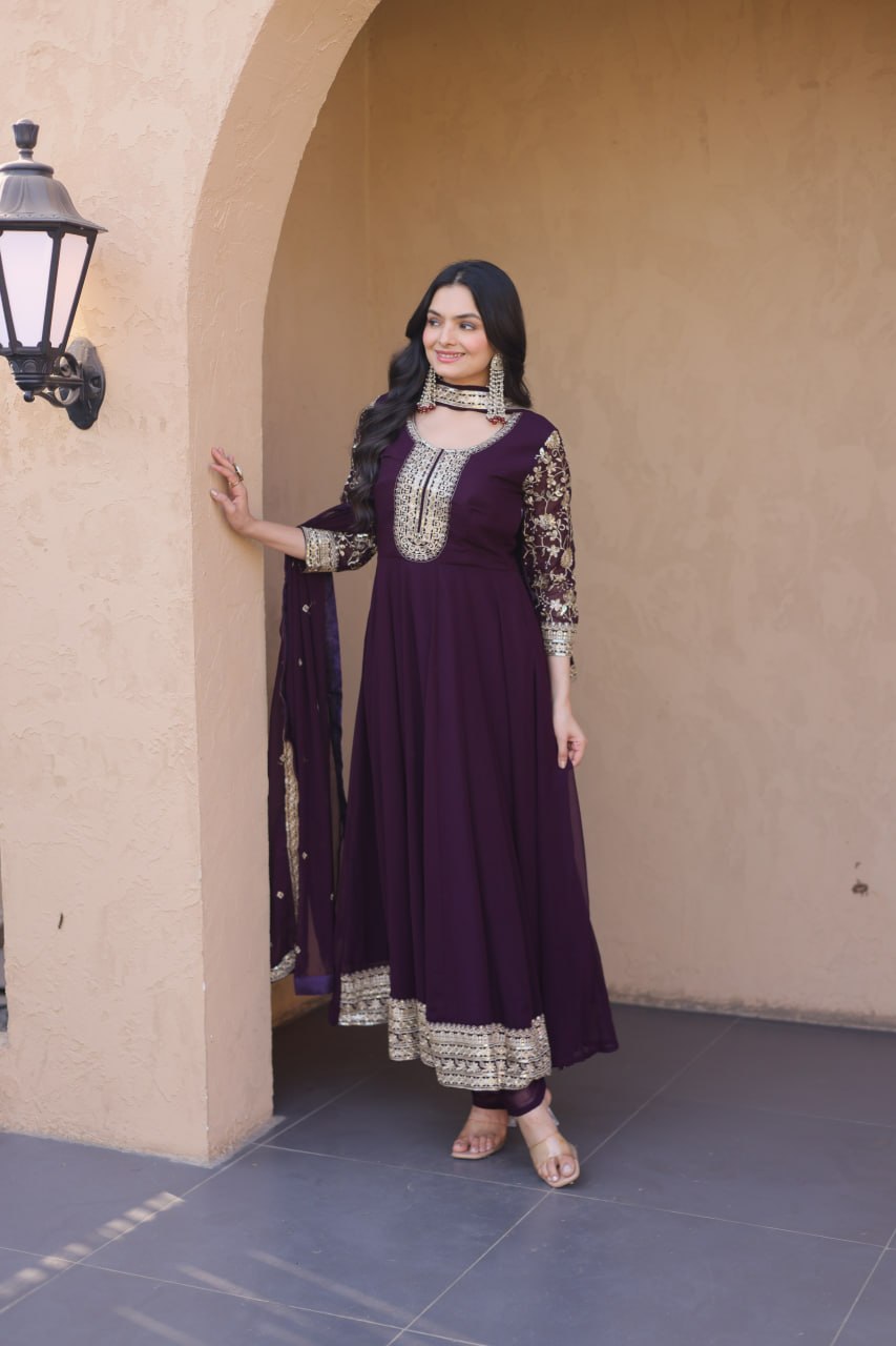 Wine Embroidered Anarkali Gown