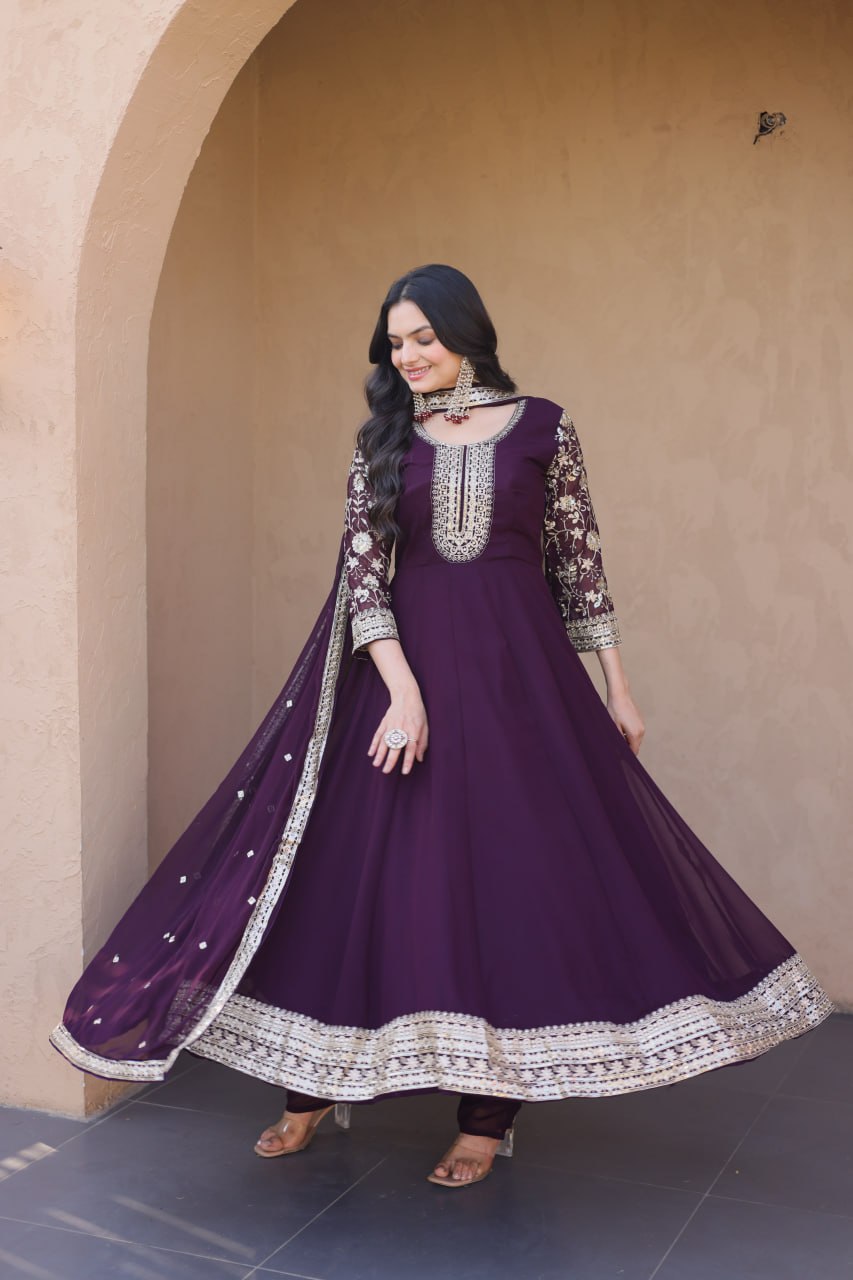 Wine Embroidered Anarkali Gown