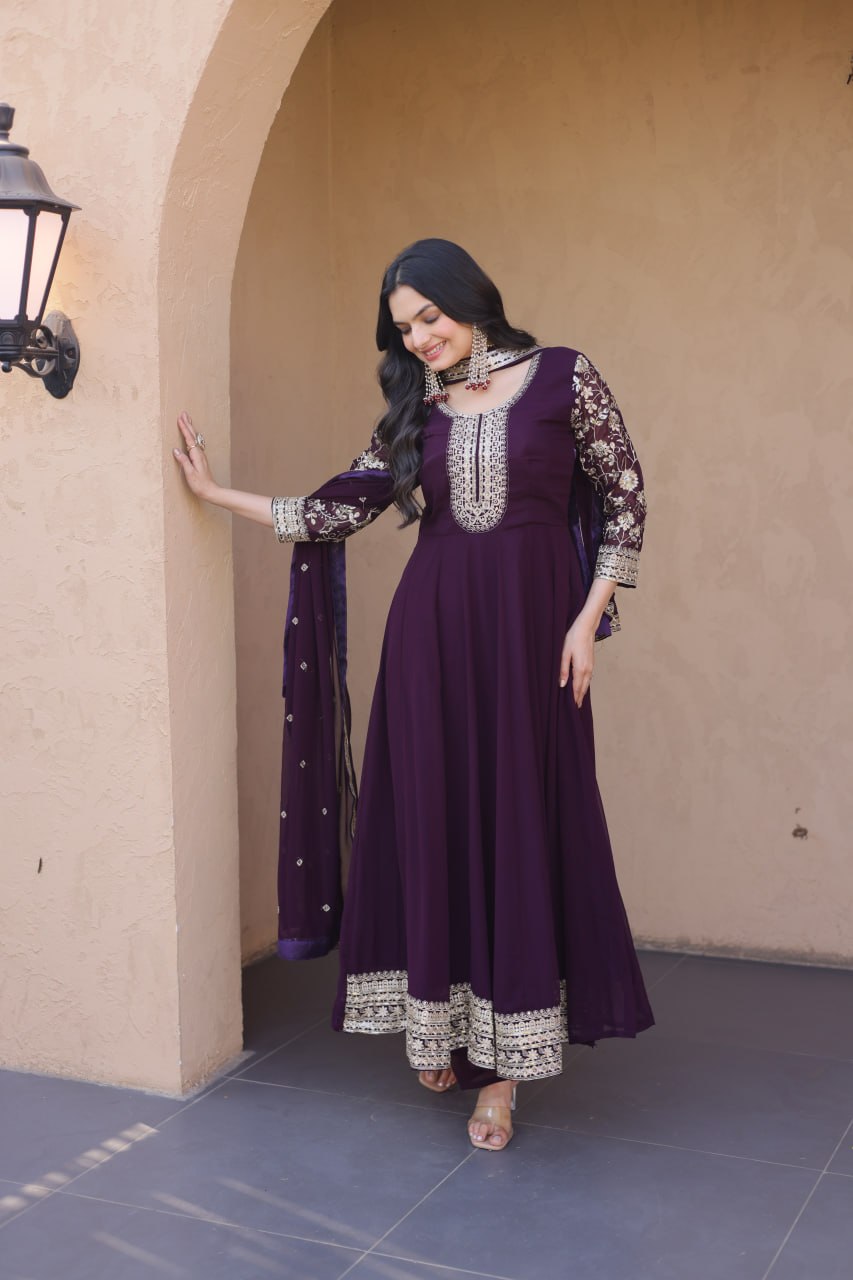 Wine Embroidered Anarkali Gown