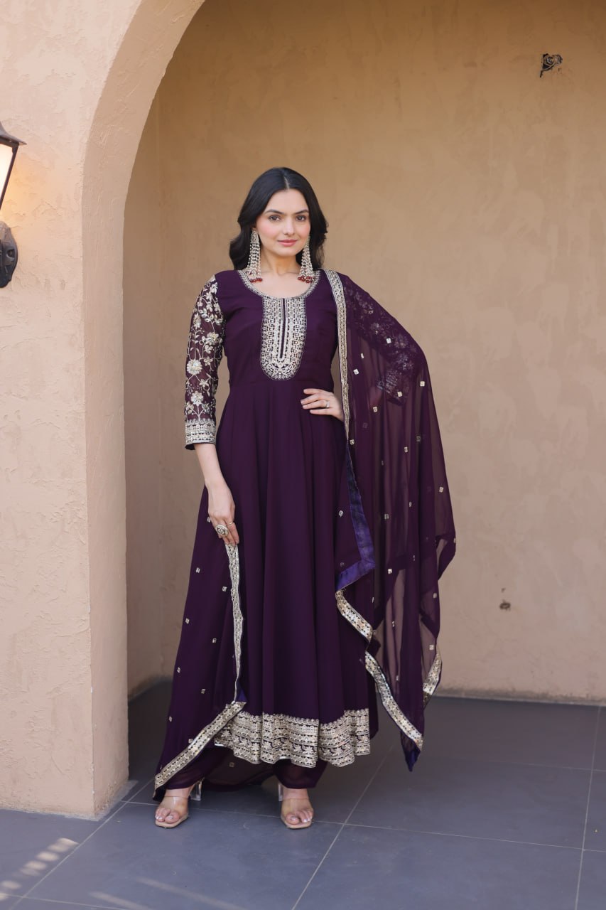 Wine Embroidered Anarkali Gown