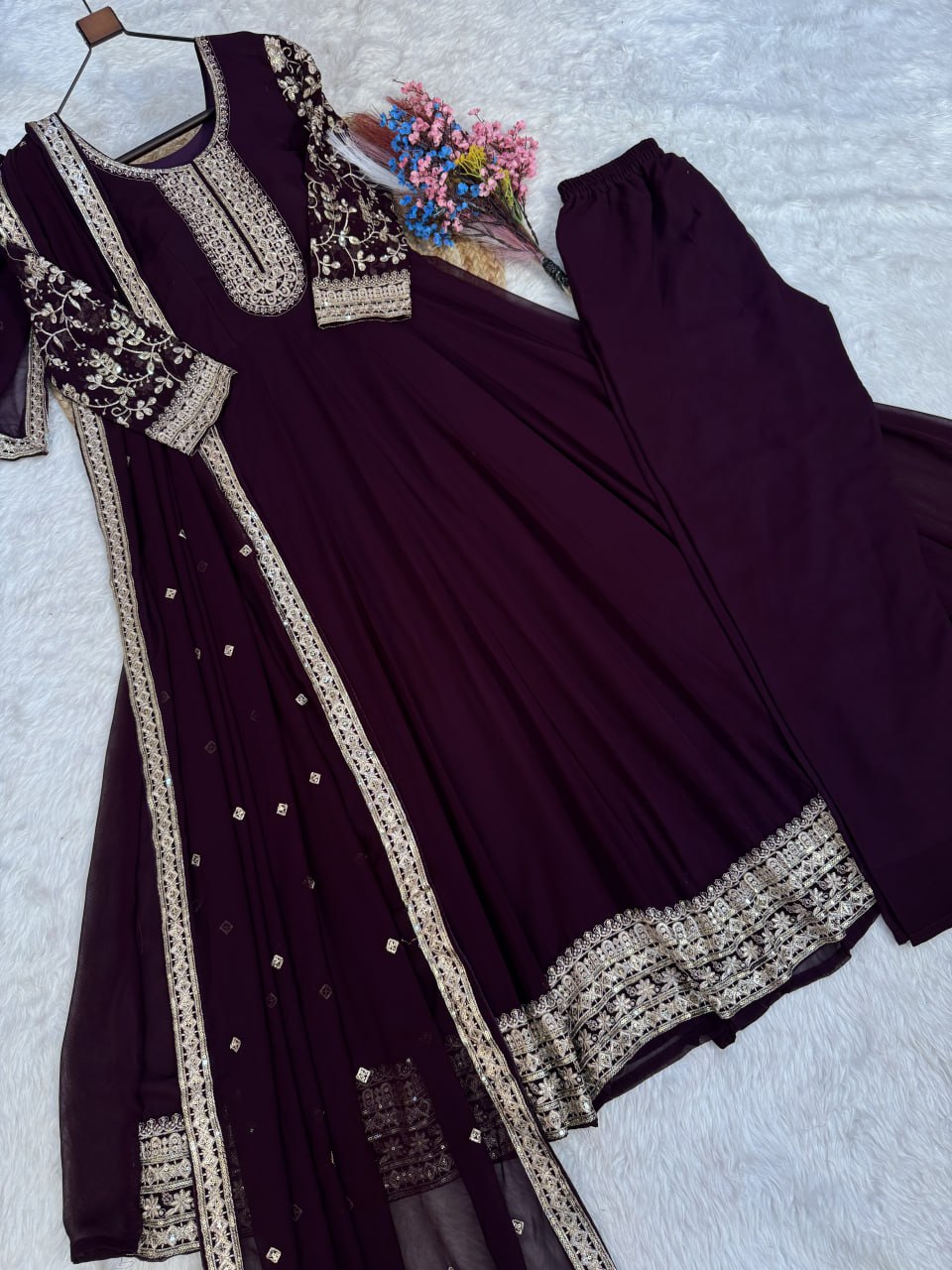 Wine Embroidered Anarkali Gown