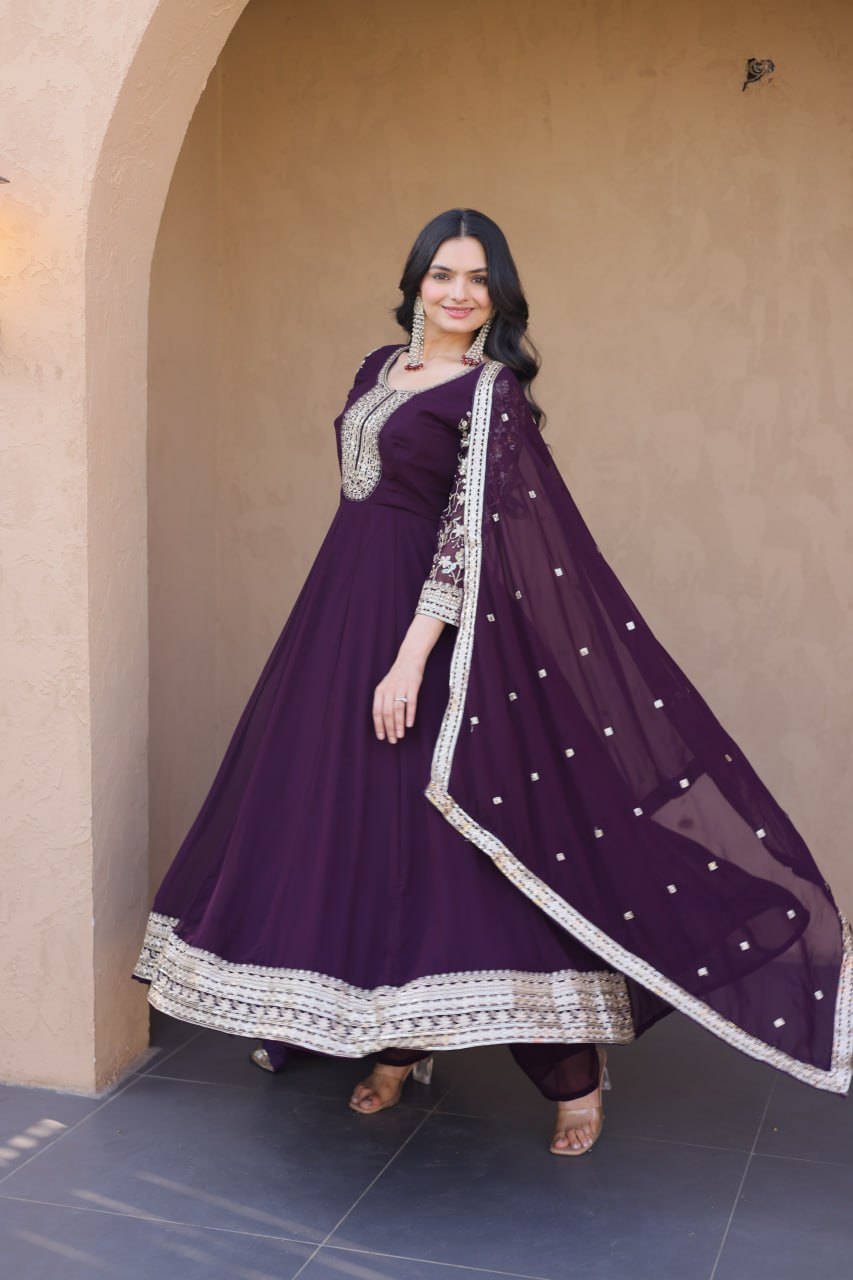 Wine Embroidered Anarkali Gown