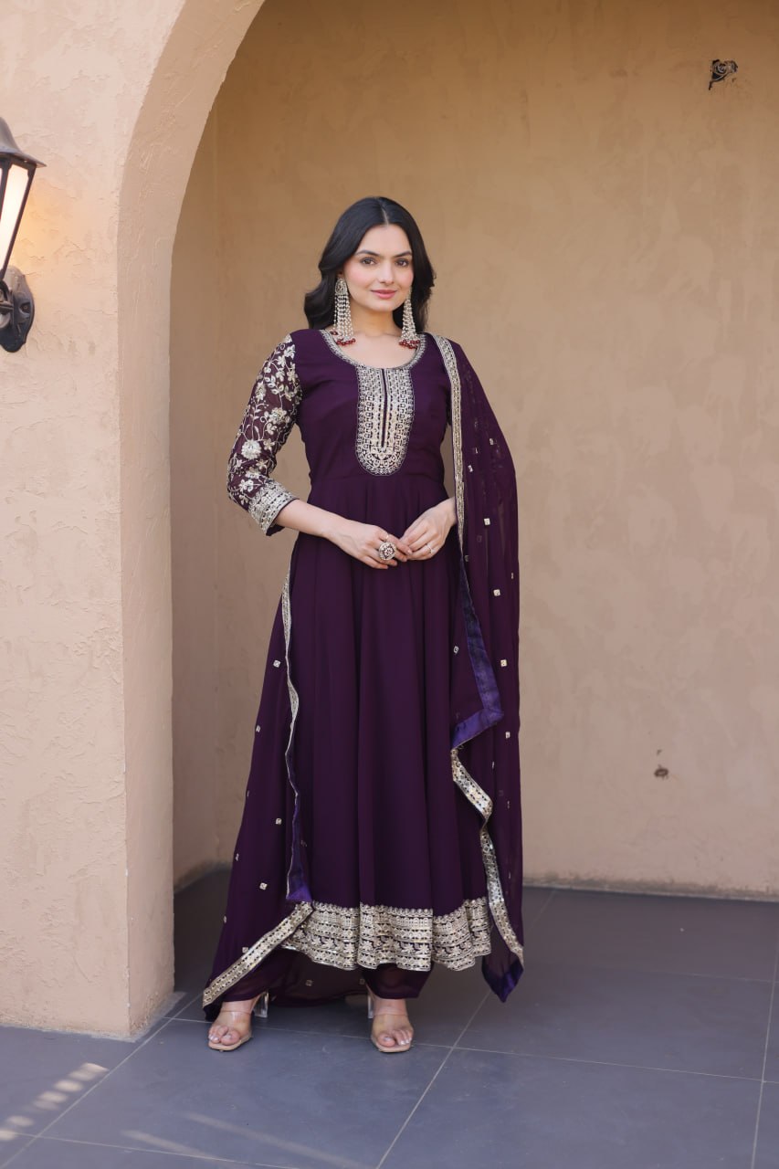 Wine Embroidered Anarkali Gown