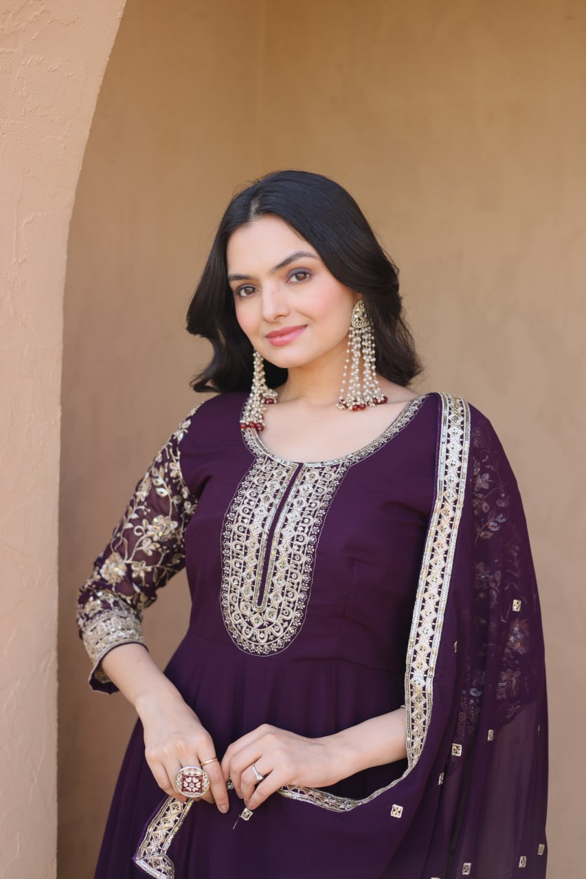 Wine Embroidered Anarkali Gown