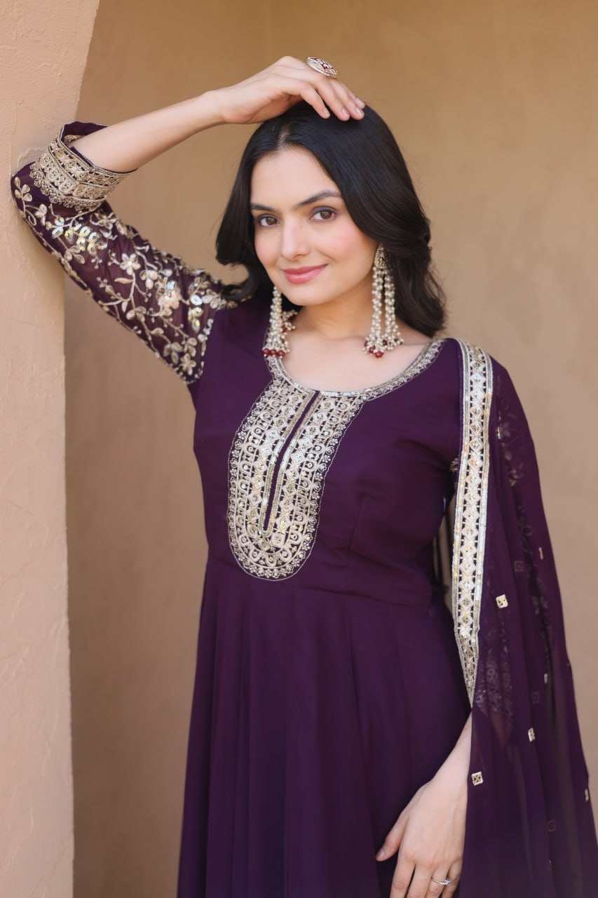 Wine Embroidered Anarkali Gown