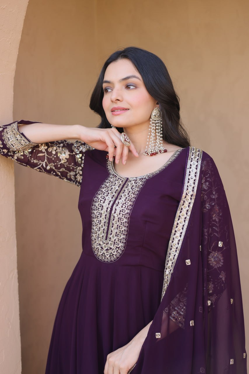 Wine Embroidered Anarkali Gown