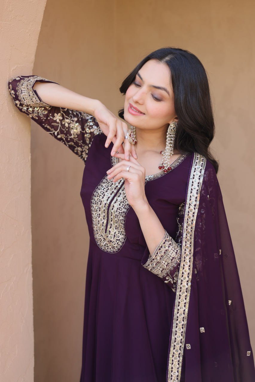 Wine Embroidered Anarkali Gown