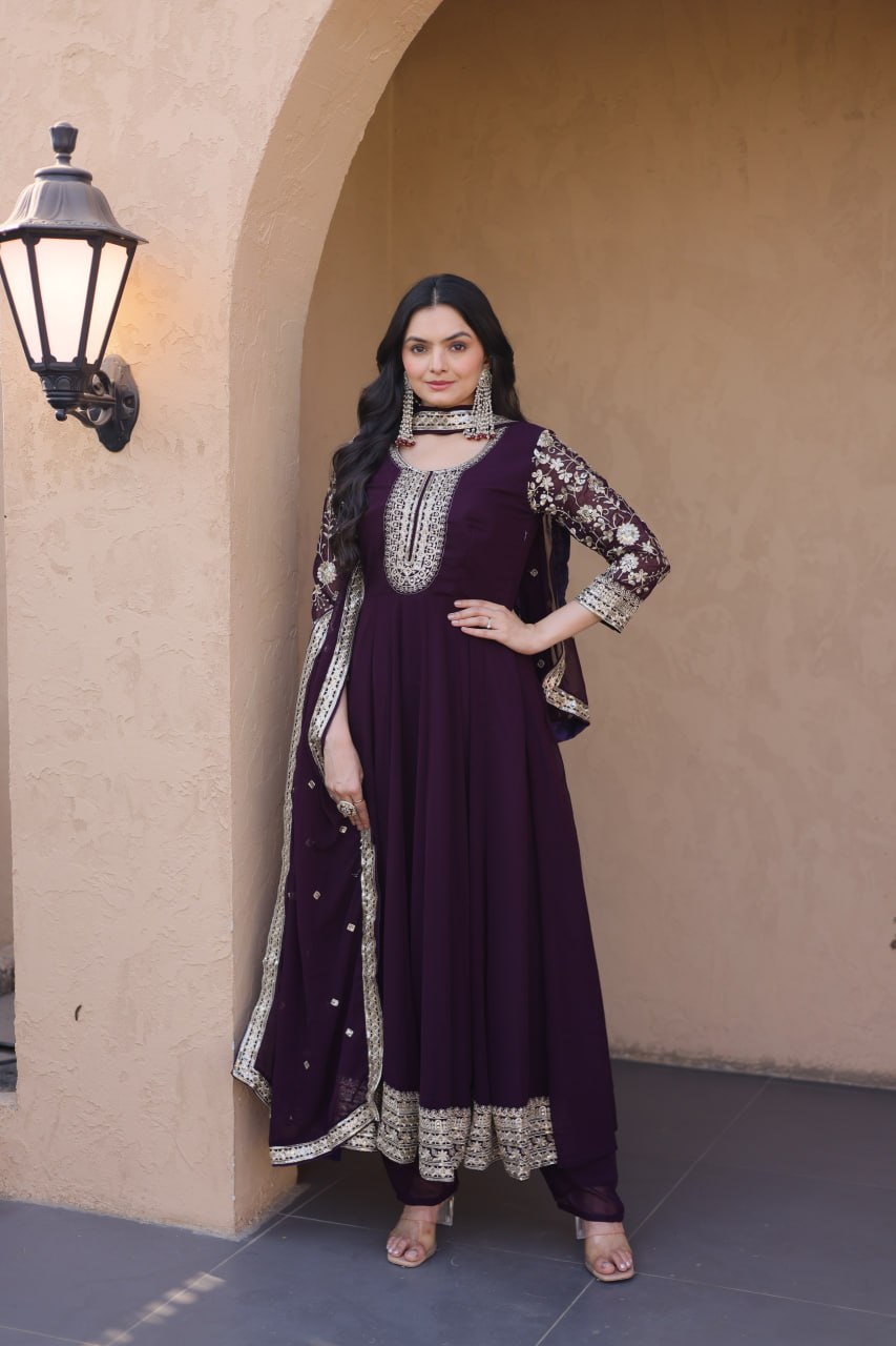 Wine Embroidered Anarkali Gown