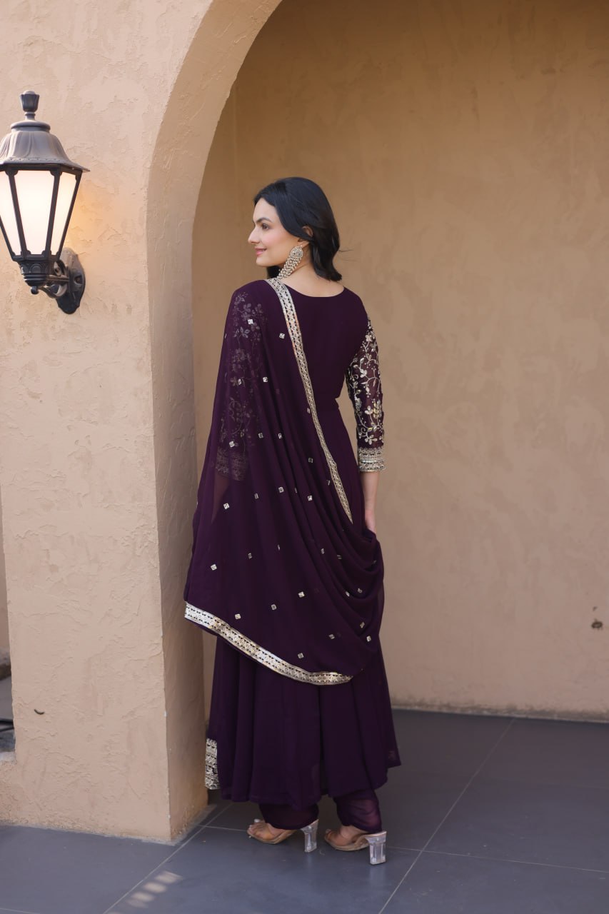 Wine Embroidered Anarkali Gown