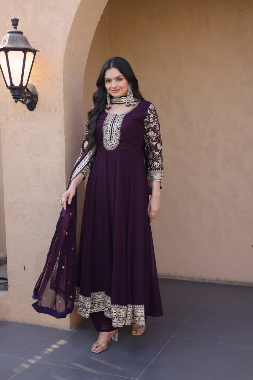 Wine Embroidered Anarkali Gown