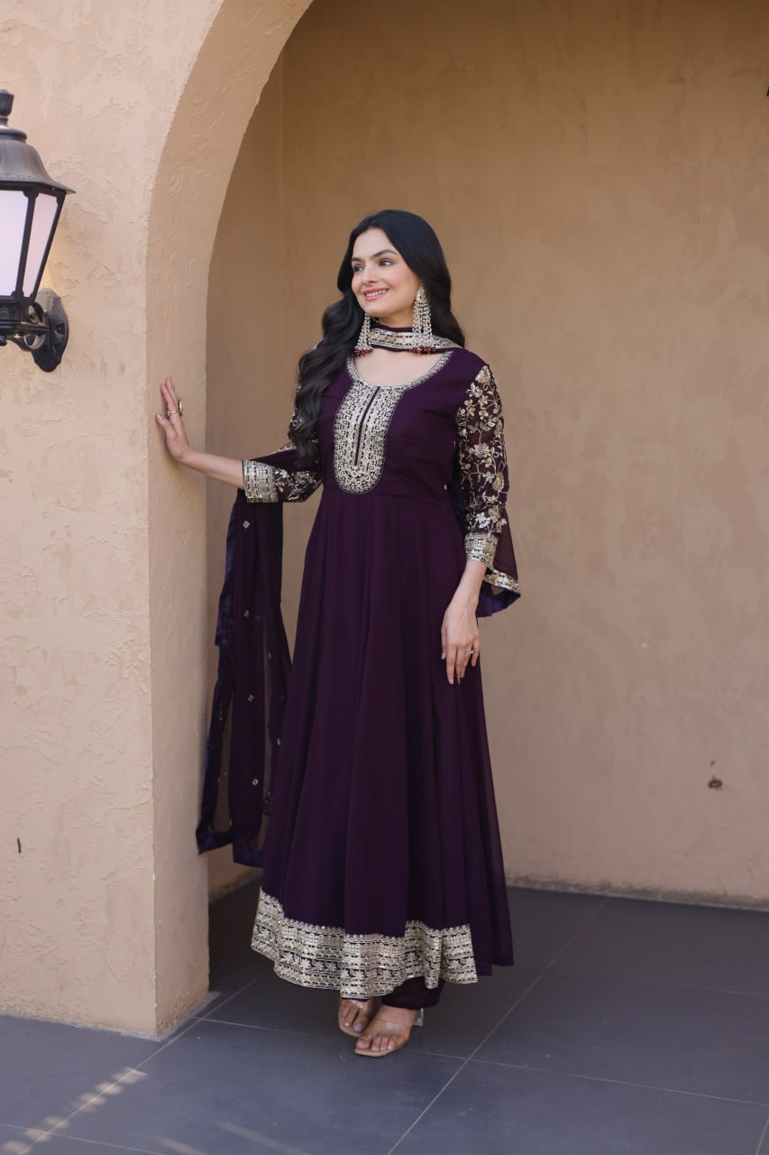 Wine Embroidered Anarkali Gown