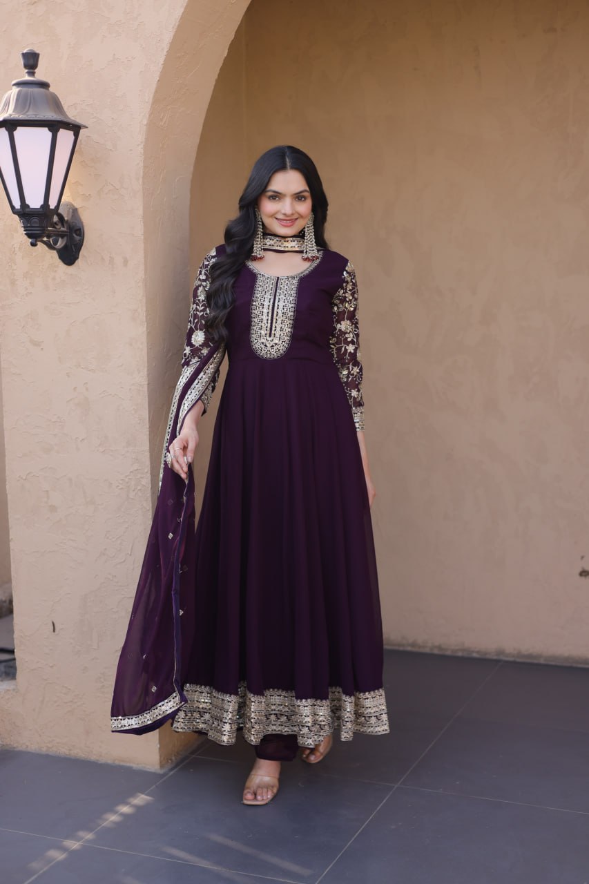 Wine Embroidered Anarkali Gown