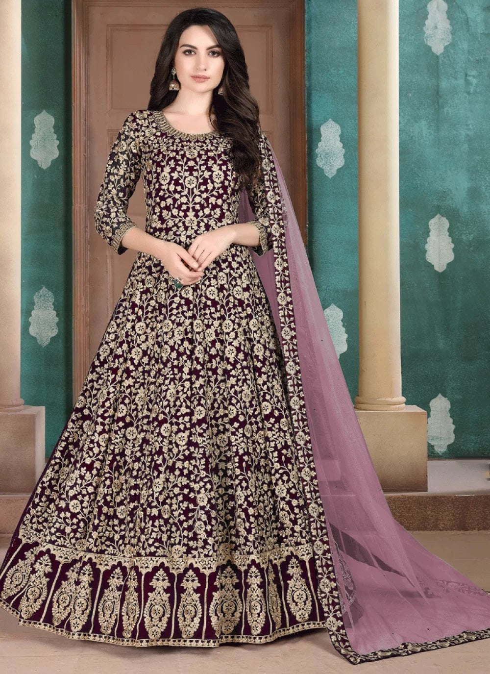 Wine embroidered faux georgette anarkali dress