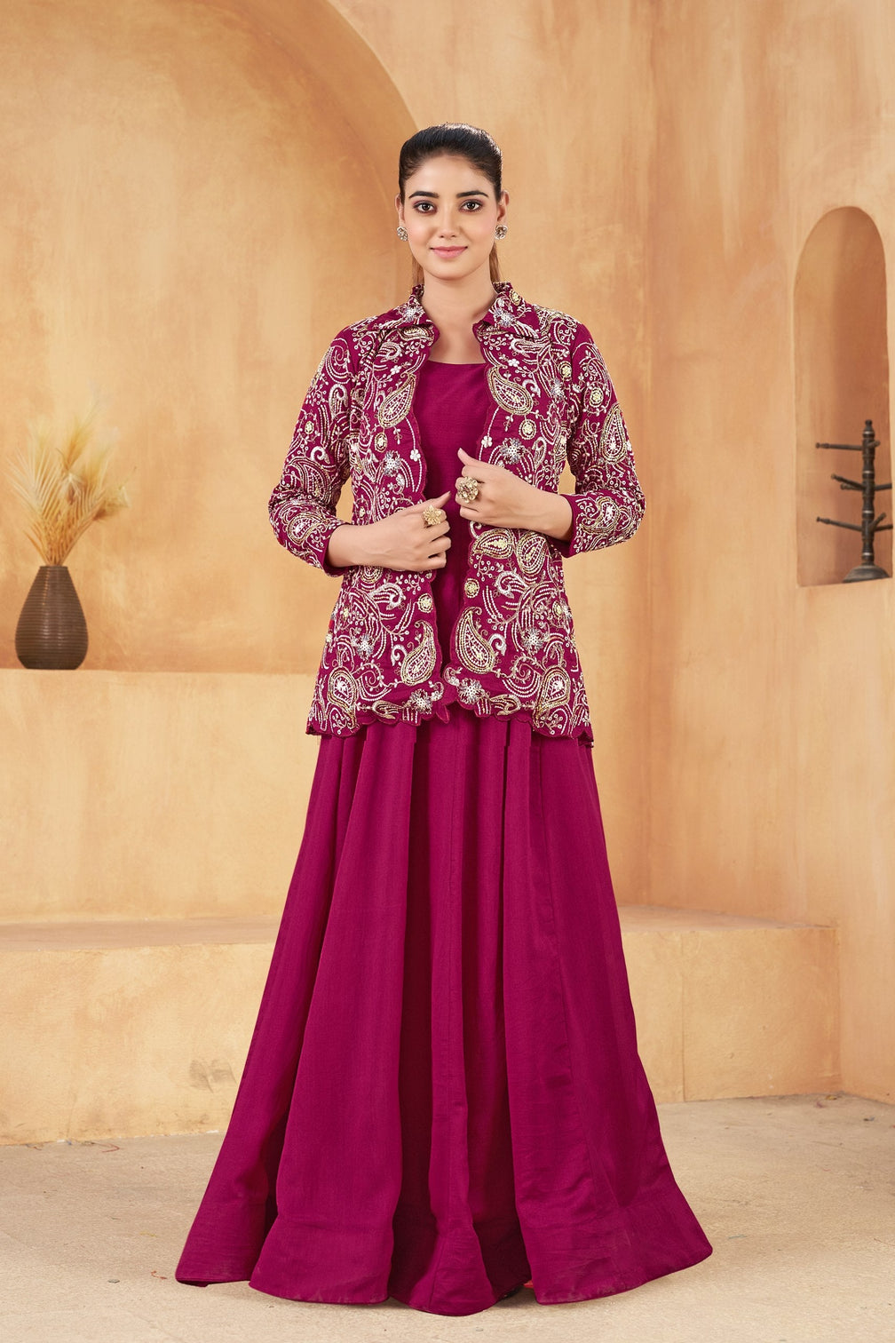 Wine Embroidered Jacket Gown Set
