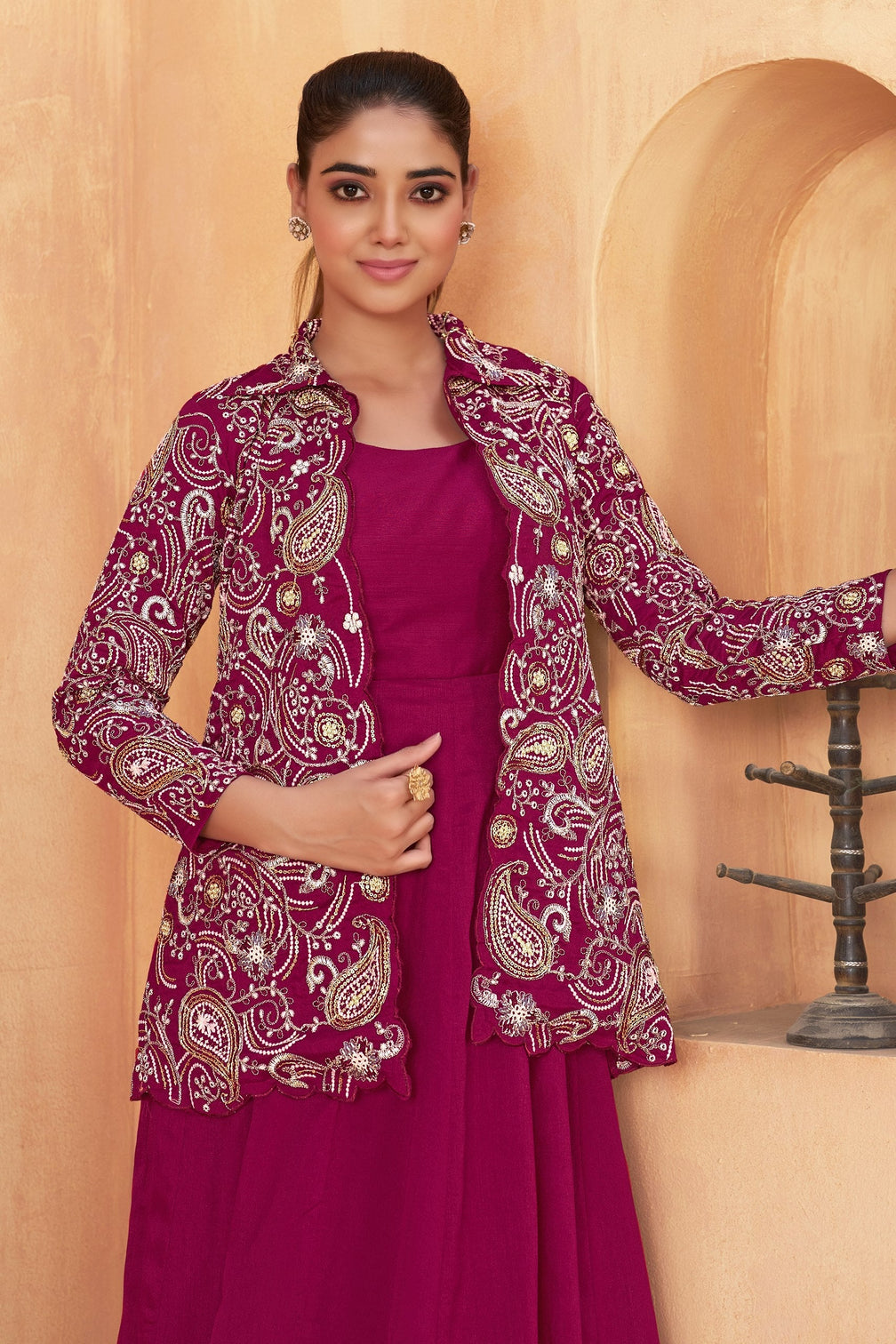 Wine Embroidered Jacket Gown Set