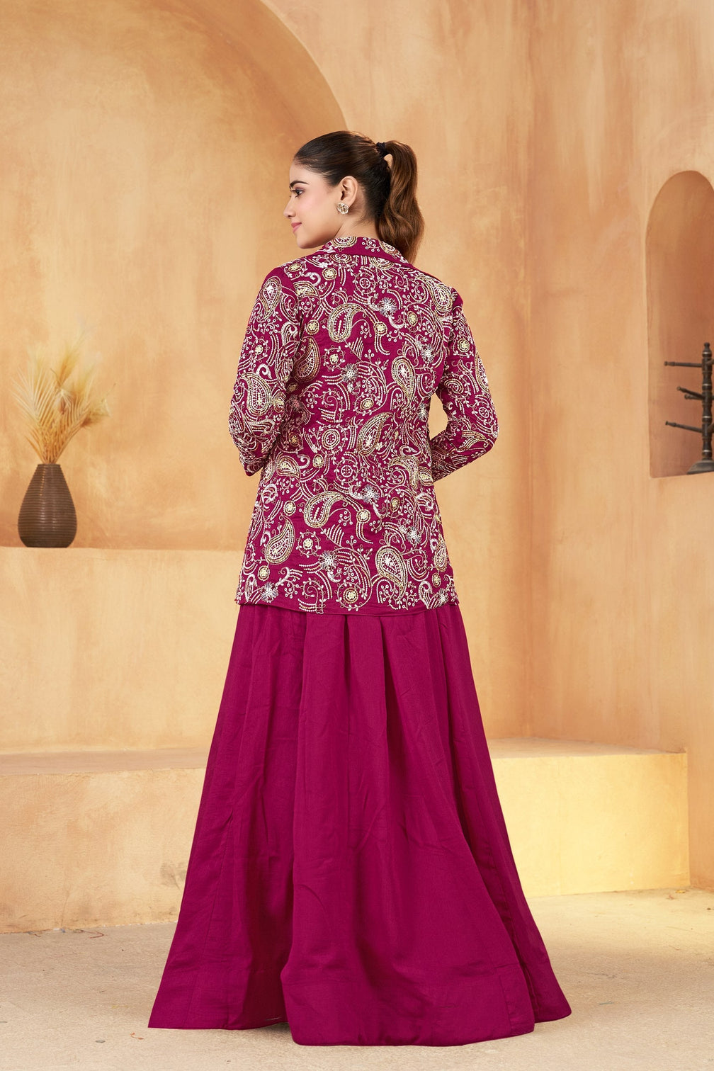 Wine Embroidered Jacket Gown Set