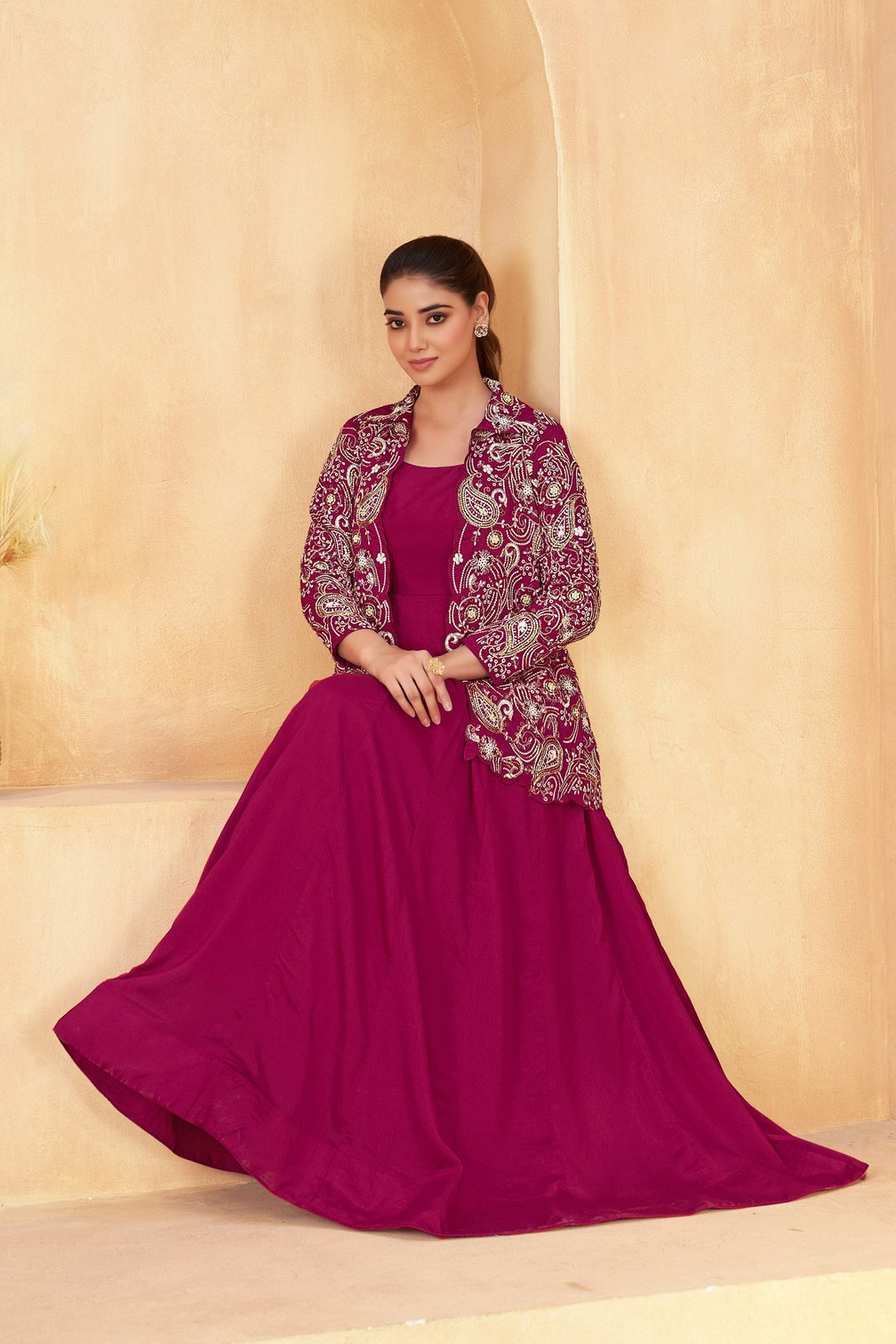 Wine Embroidered Jacket Gown Set